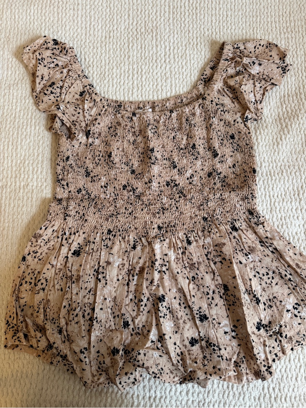Marshalls Beige Floral Smocked Short Sleeve Top
